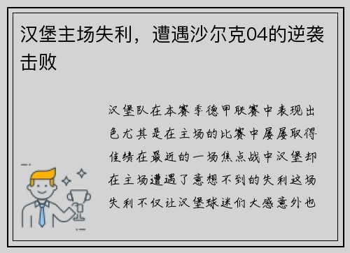 汉堡主场失利，遭遇沙尔克04的逆袭击败